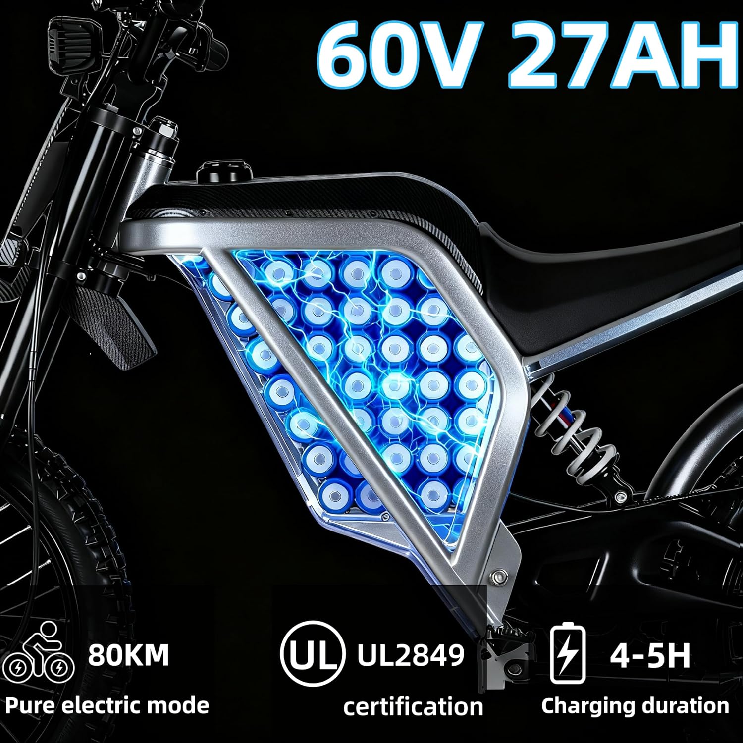 Electric Dirt Bike for Adults Teens, Peak 4000W Brushless 200Nm Motor - 40° Slope, 38MPH,60V/27AH Lithium Battery, Dual Hydraulic Brakes & FullSuspension Electric Motorcyclefor,17-in All-terraintires