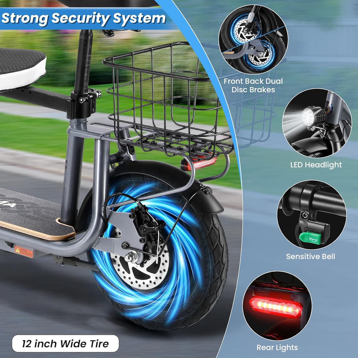 Caroma Peak 1200W/800W Electric Scooter with Seat, 30 Miles Max Range, Key Start Electric Scooter Adults&Teens, Up to 20MPH Foldable Ebike, Adjustable E-Bike with Basket&Kid Seat, Commuter Escooter