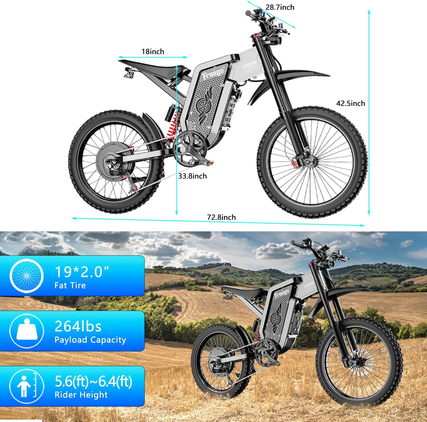 Freego X2 Electric Motorcycle for Adults, Electric Dirt Bike for Teen 6000W Motor 1800wh Removable Battery, 50Mph/7Speed Electric Mountain Bicycle, 19" x2" Tire Full Suspension Full Hydraulic Brake