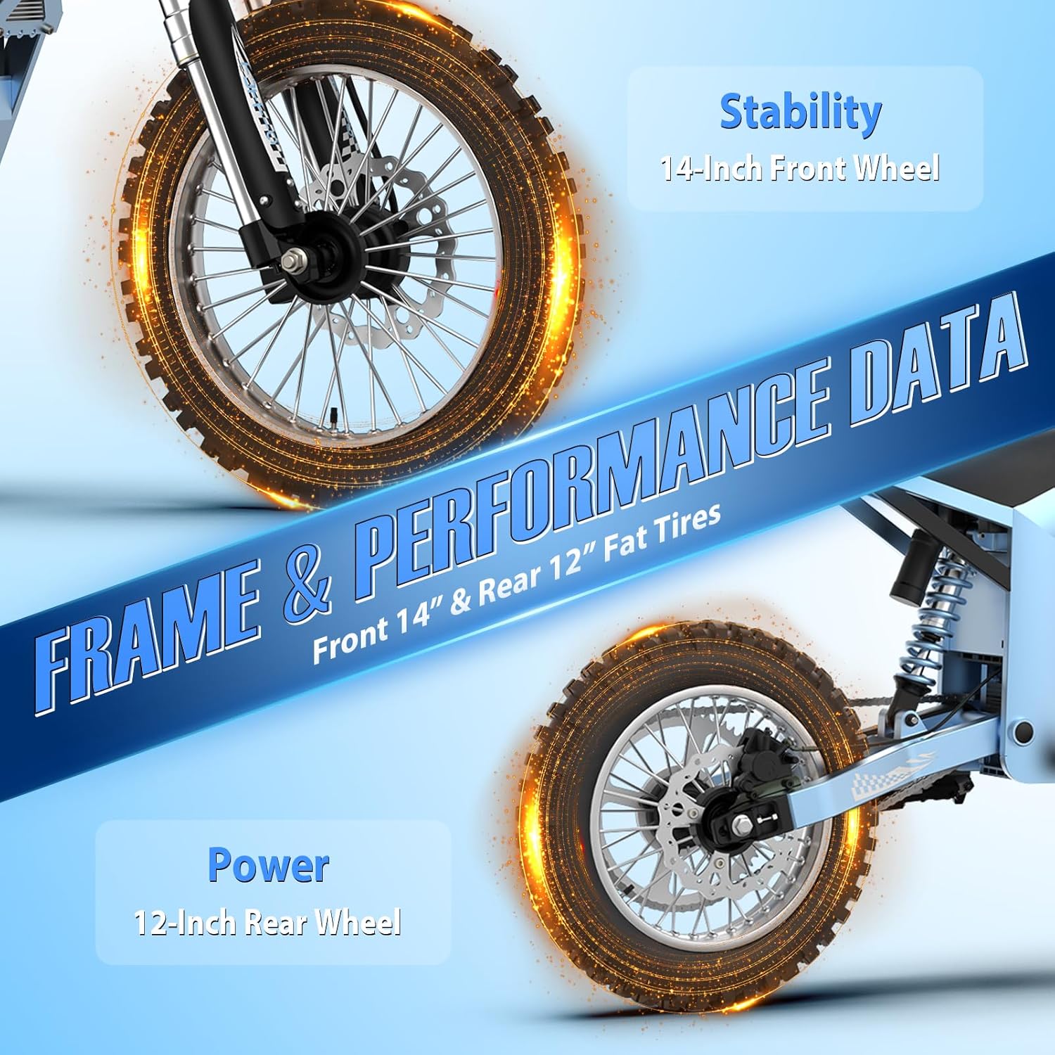 Tuttio Soleil01-GB E-Dirt-Bike - Peak 3000W 37MPH Electric-Bike with 48V 21Ah Battery, 14"/12" Fat Tire Electric Motocycle, Off-Road Ebike for Adults-Teens-Boys-Girls Age 13+ (USA Warehouse)