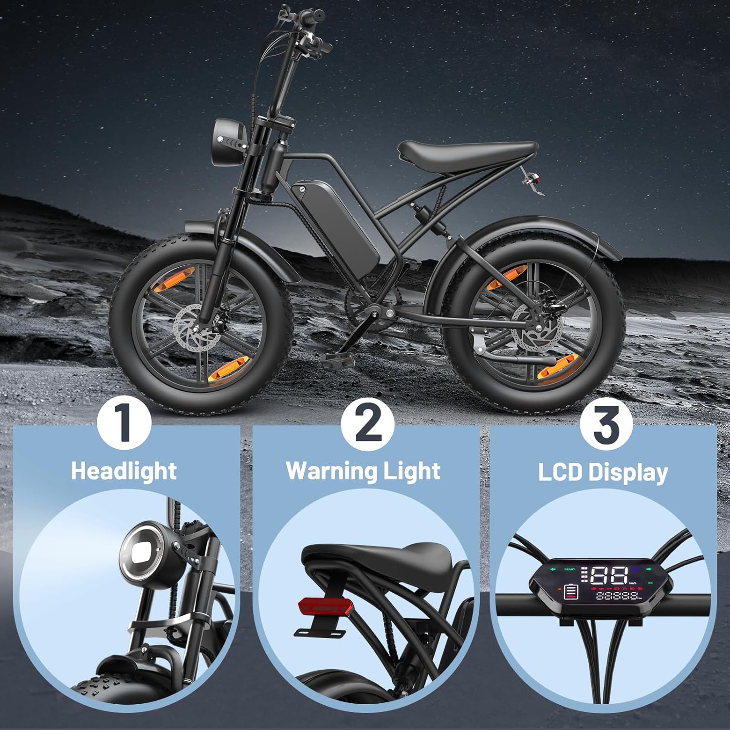 E500 Electric Bike for Adults 1000W Peak Motor, 20" Fat Tire Electric Bicycles with 40 Miles PAS Range, 48V Removable Battery, 7 Speed E-Bike for Mountains, Sand, Road, Beach, Snow