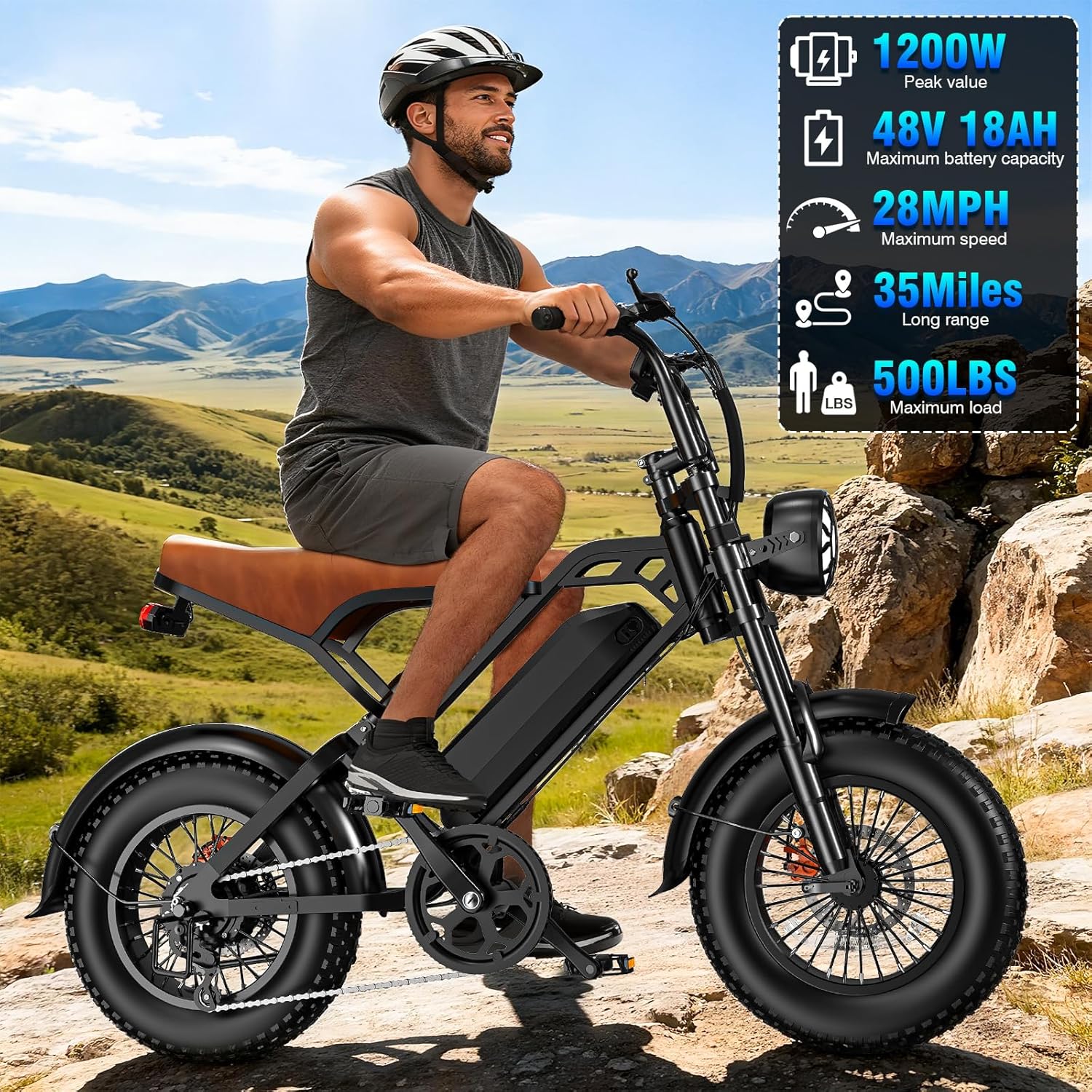 Retro-Style Electric Bicycle for Adults, 1200W Peak Power, 28MPH, 48V 18Ah Removable Battery, 35-Mile Range, 500LBS Load, All-Terrain Fat Tire e-Bike