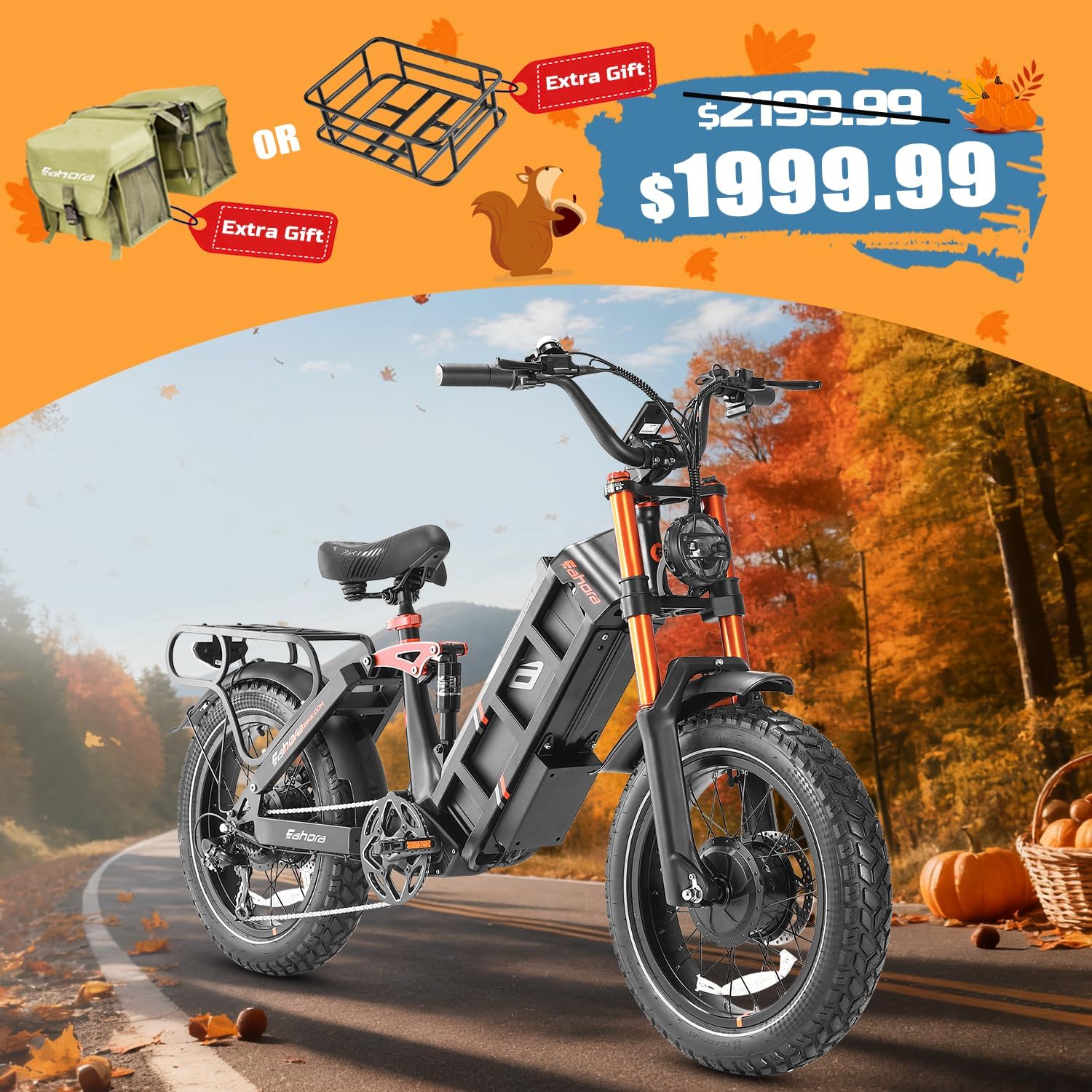 eAhora 2026Juliet Pro 2 Dual Motor 5500W Electric Bike for Adult, 60V 70Ah 220+Miles Long Range, 43 Mph Ebike, 20" Fat Tire Full Suspension Mountain for Urban Commutes, Delivery for Light Off-Road,APP