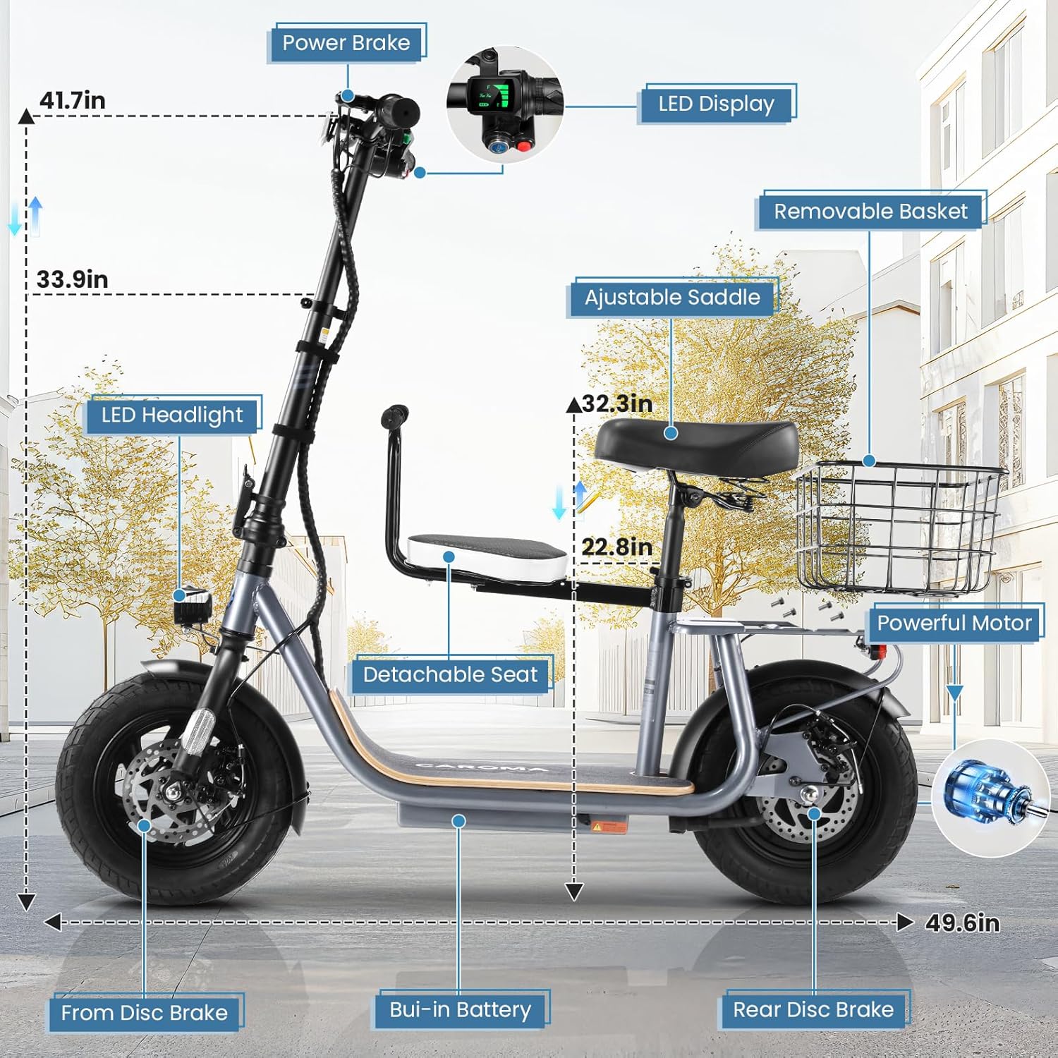 Caroma Peak 1200W/800W Electric Scooter with Seat, 30 Miles Max Range, Key Start Electric Scooter Adults&Teens, Up to 20MPH Foldable Ebike, Adjustable E-Bike with Basket&Kid Seat, Commuter Escooter