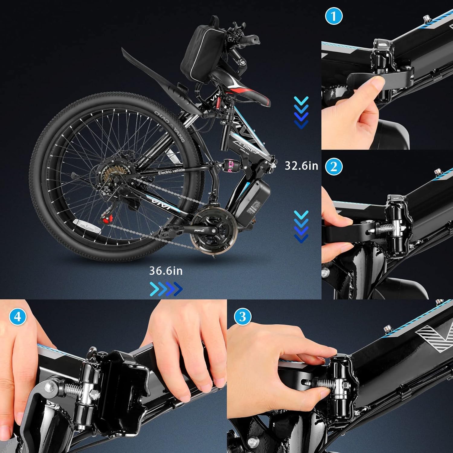 Vivi Electric Bike for Adults 1000W Peak Folding Electric Mountain Bike 26'' Commuter Ebike 22MPH Adult Electric Bicycles with Battery, LCD Display, Dual Shock Absorber, SGS Certified to UL2849