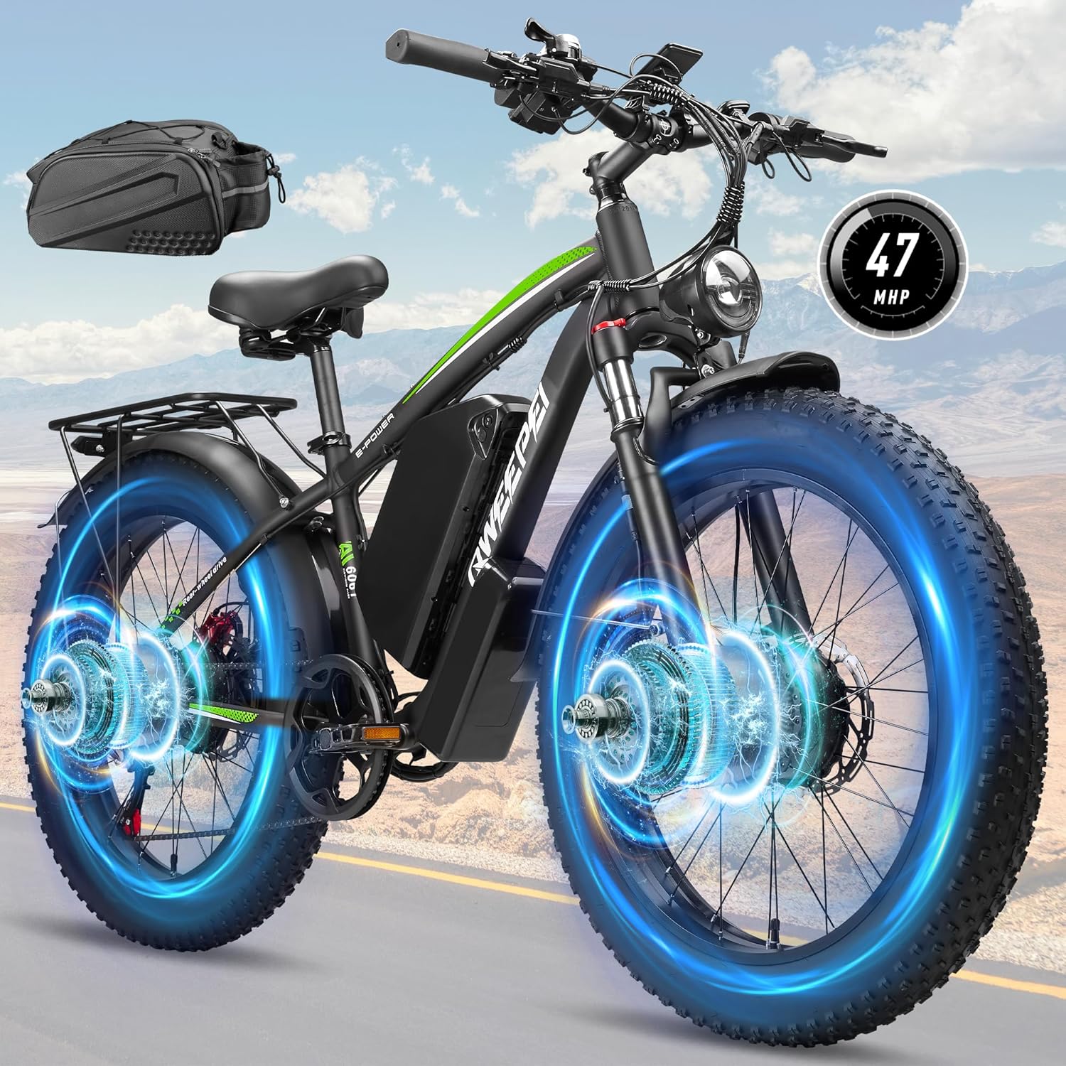 Dual Motor Ebike 6000W Peak for Adults - 58V 34AH Battery Fast 47MPH E-Bike 24 Inch Fat Tire Electric Bike LCD Display 105 Miles Range for All Terrain