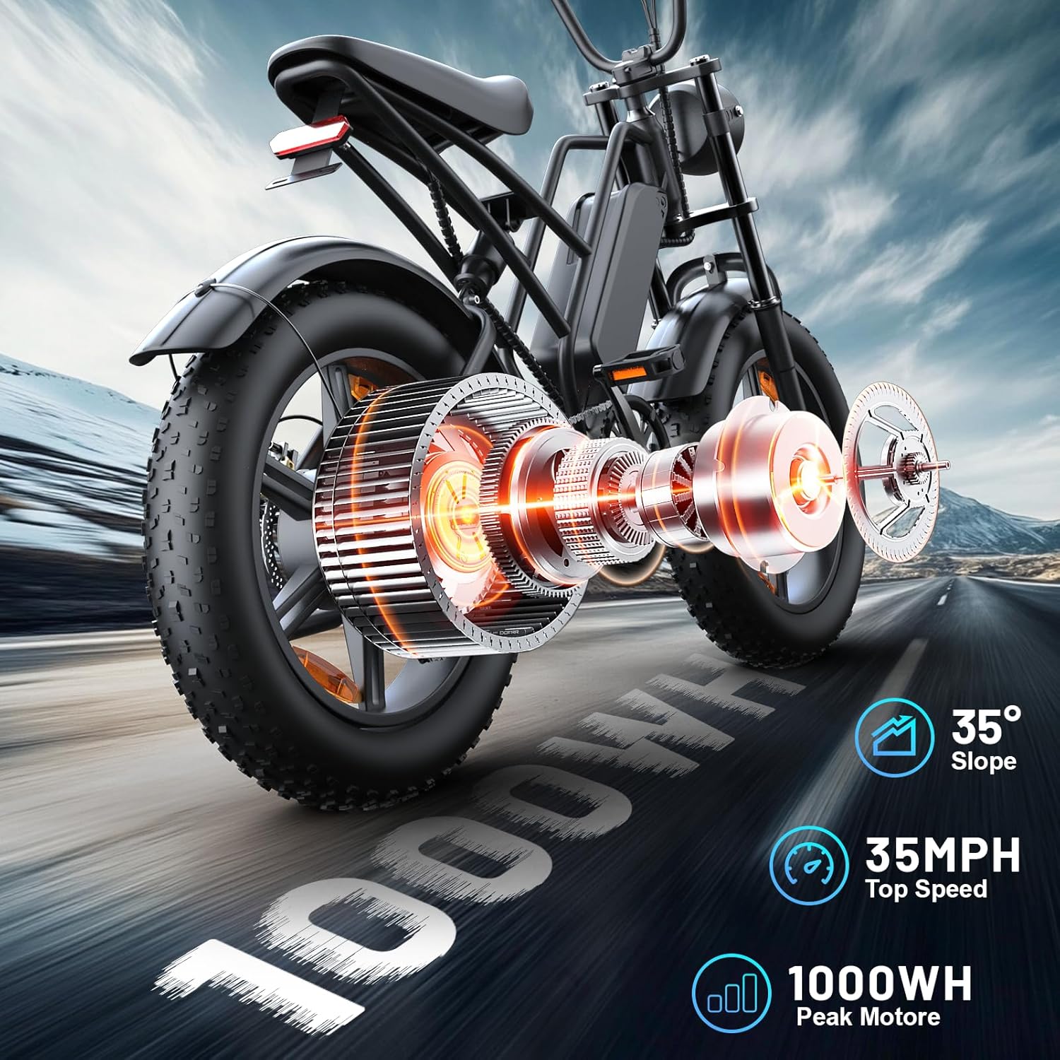 E500 Electric Bike for Adults 1000W Peak Motor, 20" Fat Tire Electric Bicycles with 40 Miles PAS Range, 48V Removable Battery, 7 Speed E-Bike for Mountains, Sand, Road, Beach, Snow