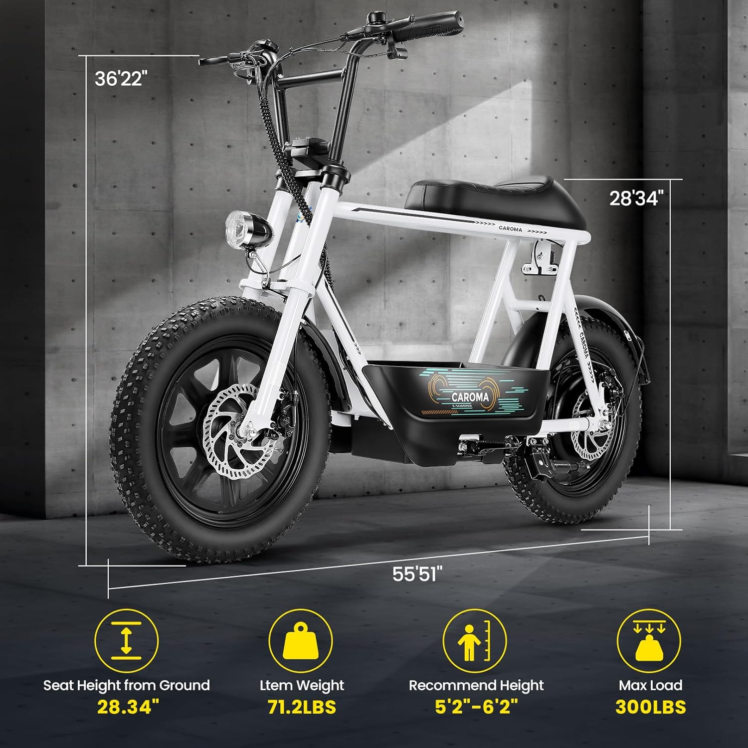 Caroma Peak 800W/1200W Electric Scooter with Seat,16 * 3" Fat Tire Ebike for All-Terrain,Max 25/30 Miles & 20MPH Electric Moped,Electric Motorcycle for Adults with Storage Basket for Cargo&Commuting