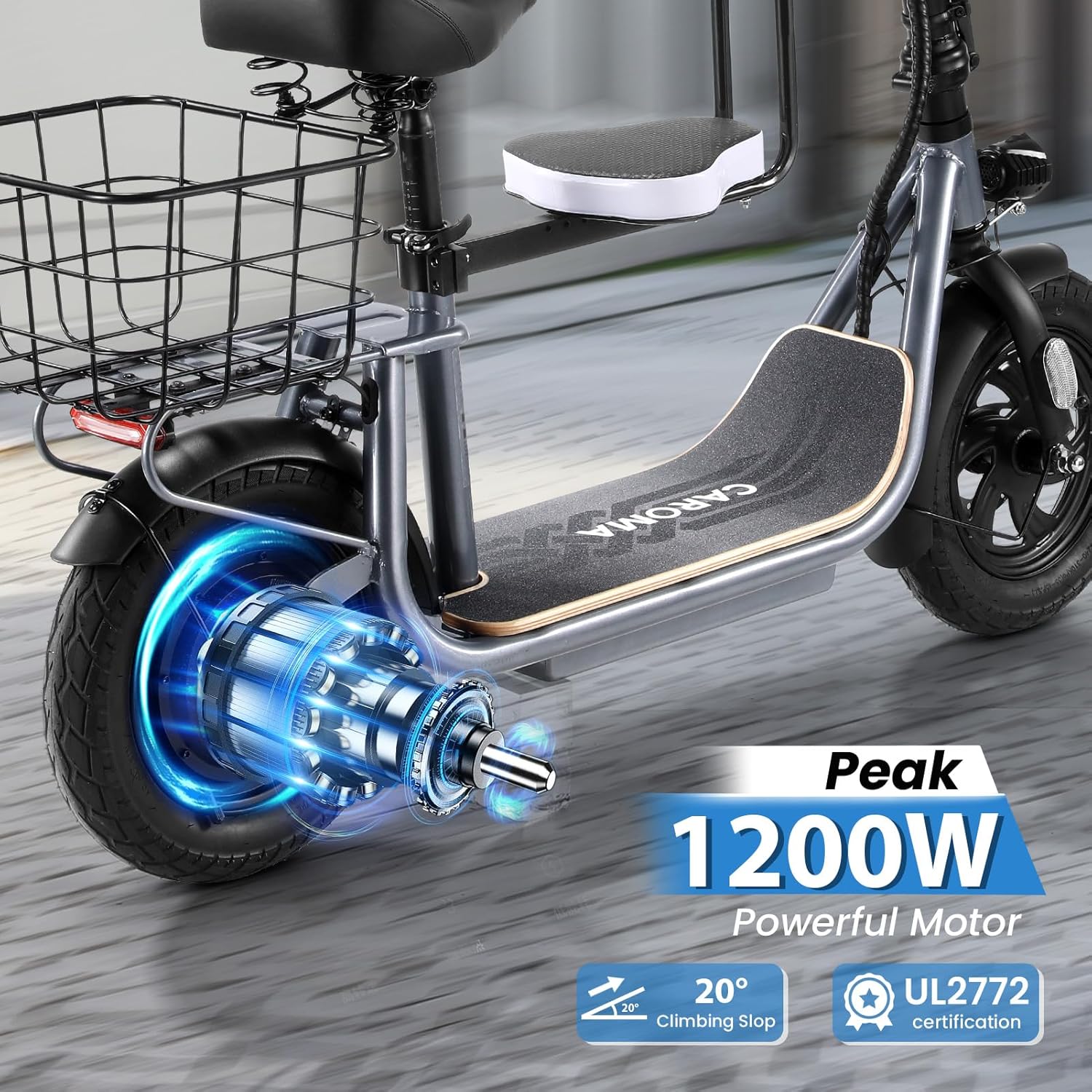 Caroma Peak 1200W/800W Electric Scooter with Seat, 30 Miles Max Range, Key Start Electric Scooter Adults&Teens, Up to 20MPH Foldable Ebike, Adjustable E-Bike with Basket&Kid Seat, Commuter Escooter