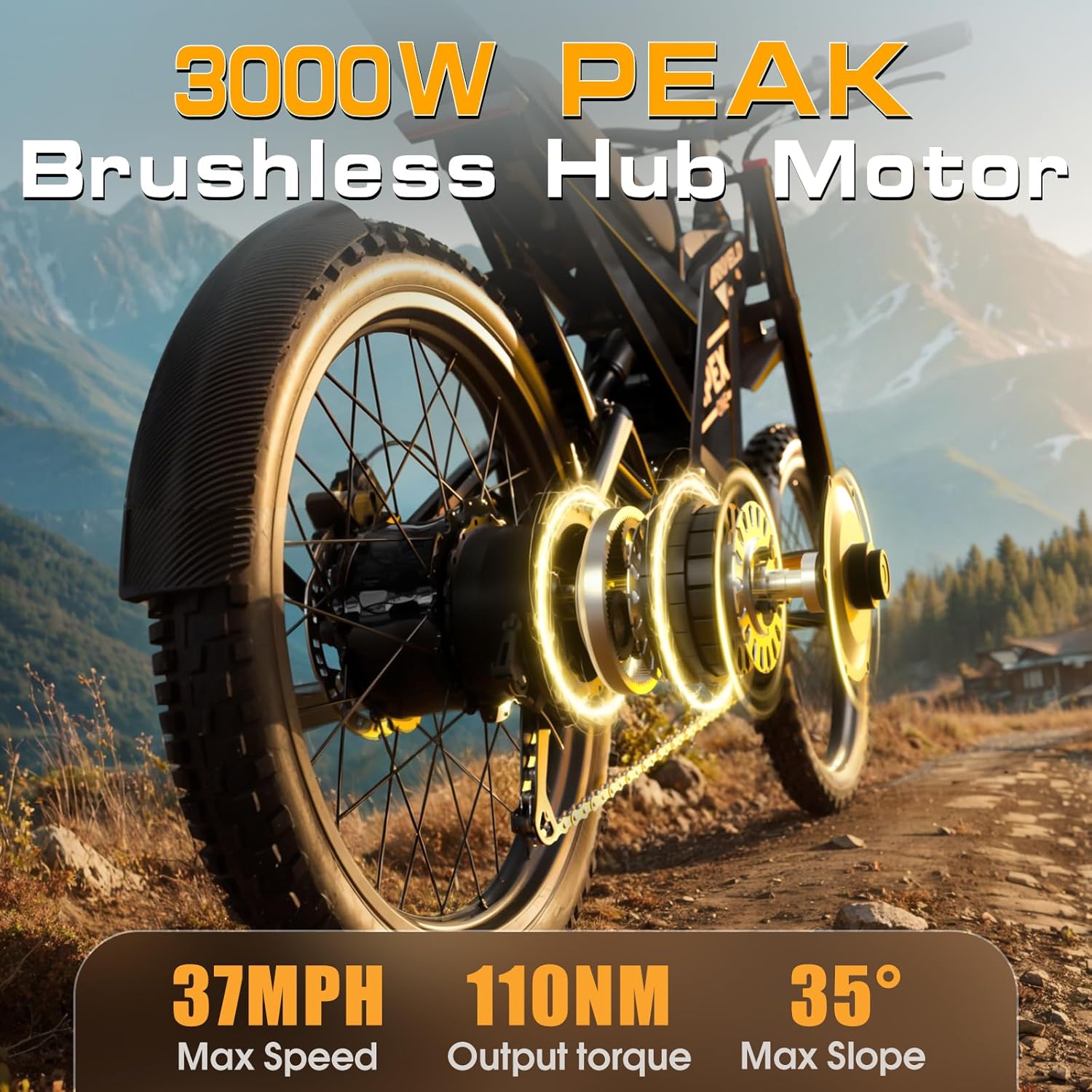 Electric-Dirt-Bike for Adults-Mountain-Motorcycle with 1536Wh Battery 32AH, Max 37 MPH and 80Miles Range E-Bike, Peak 3000W Brushless Motor, 25Inch Fat Tire and Front Fork Suspension