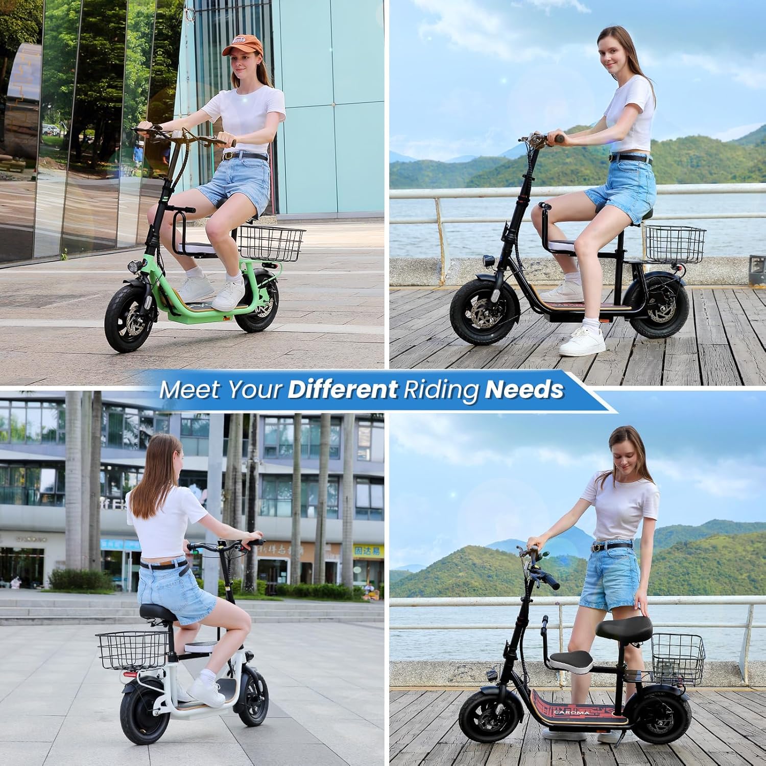 Caroma Peak 1200W/800W Electric Scooter with Seat, 30 Miles Max Range, Key Start Electric Scooter Adults&Teens, Up to 20MPH Foldable Ebike, Adjustable E-Bike with Basket&Kid Seat, Commuter Escooter
