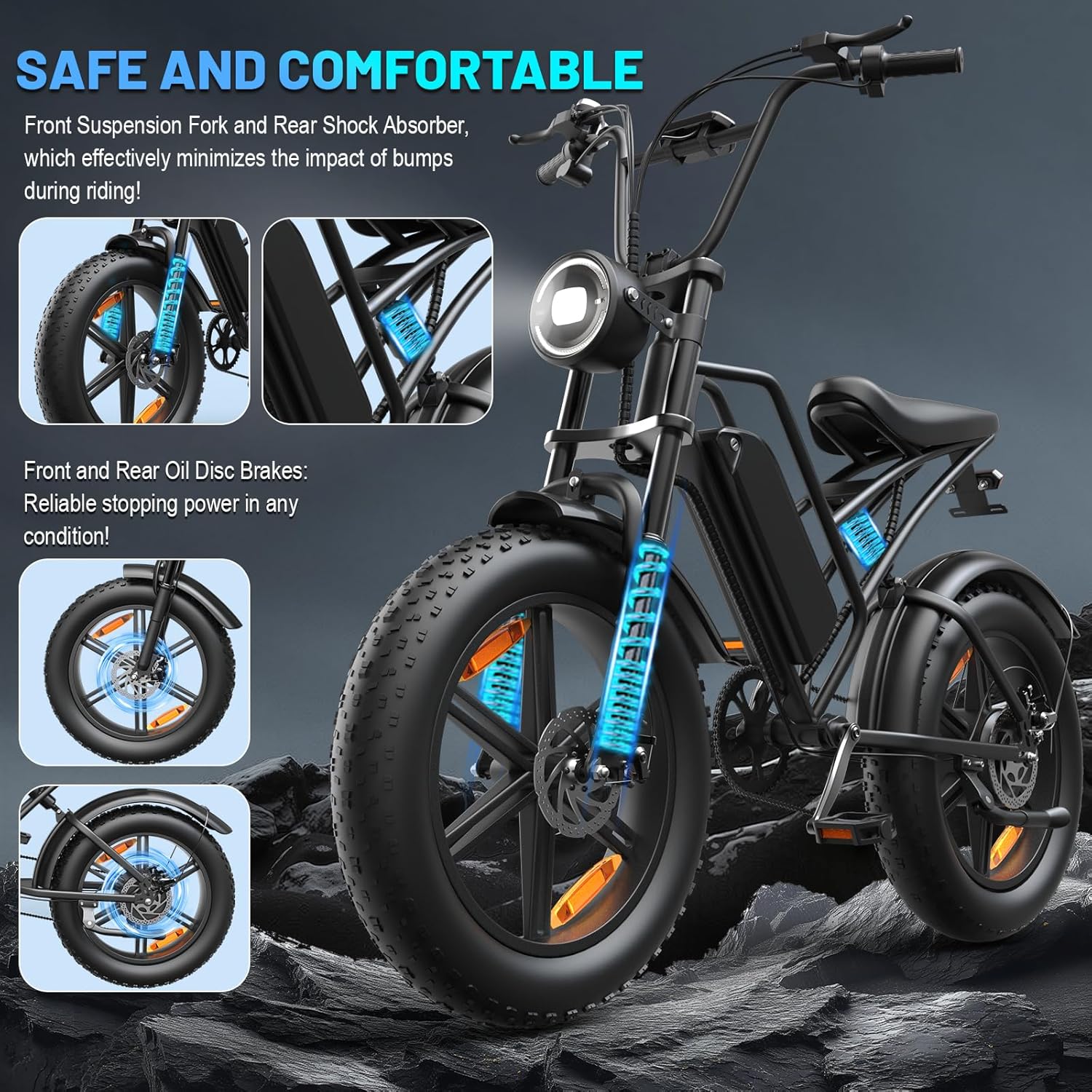 E500 Electric Bike for Adults 1000W Peak Motor, 20" Fat Tire Electric Bicycles with 40 Miles PAS Range, 48V Removable Battery, 7 Speed E-Bike for Mountains, Sand, Road, Beach, Snow