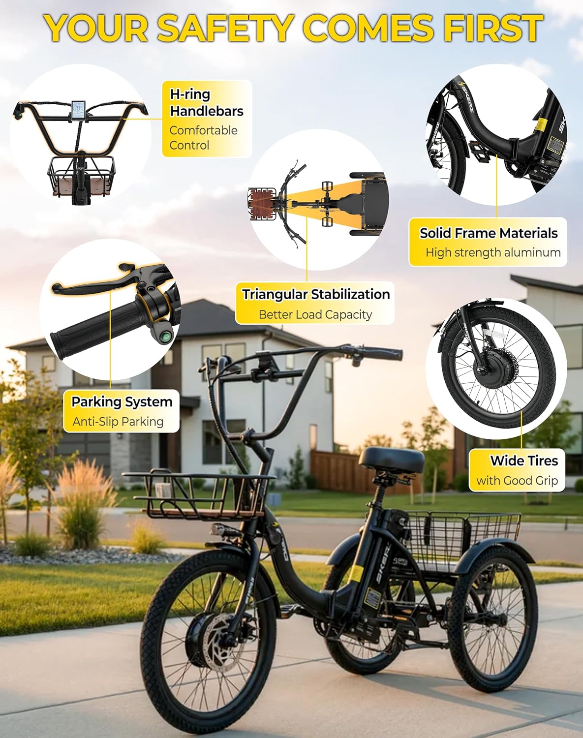 Skeri Electric Trike, 500W(Peak 1000W) Electric Tricycle for Adults, 20" Folding 3-Wheel Electric Bicycle, Step-Thru E Trike with 624WH Removable Battery and Large Basket, Black