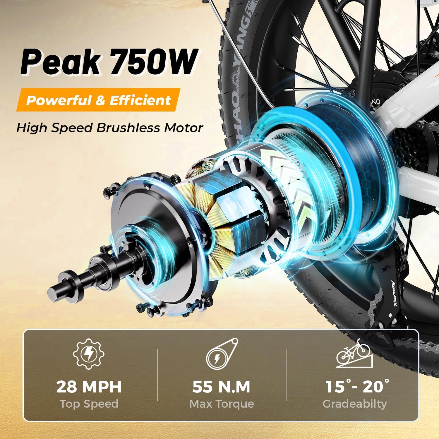 Aipas A2 Folding Electric Bike, 20'' Fat Tire Electric Bike with 750W Peak Motor, 48V 12.8Ah Removable Battery, 28MPH Max Speed, 62 Mile Range, Step-Through Frame and 7-Speed