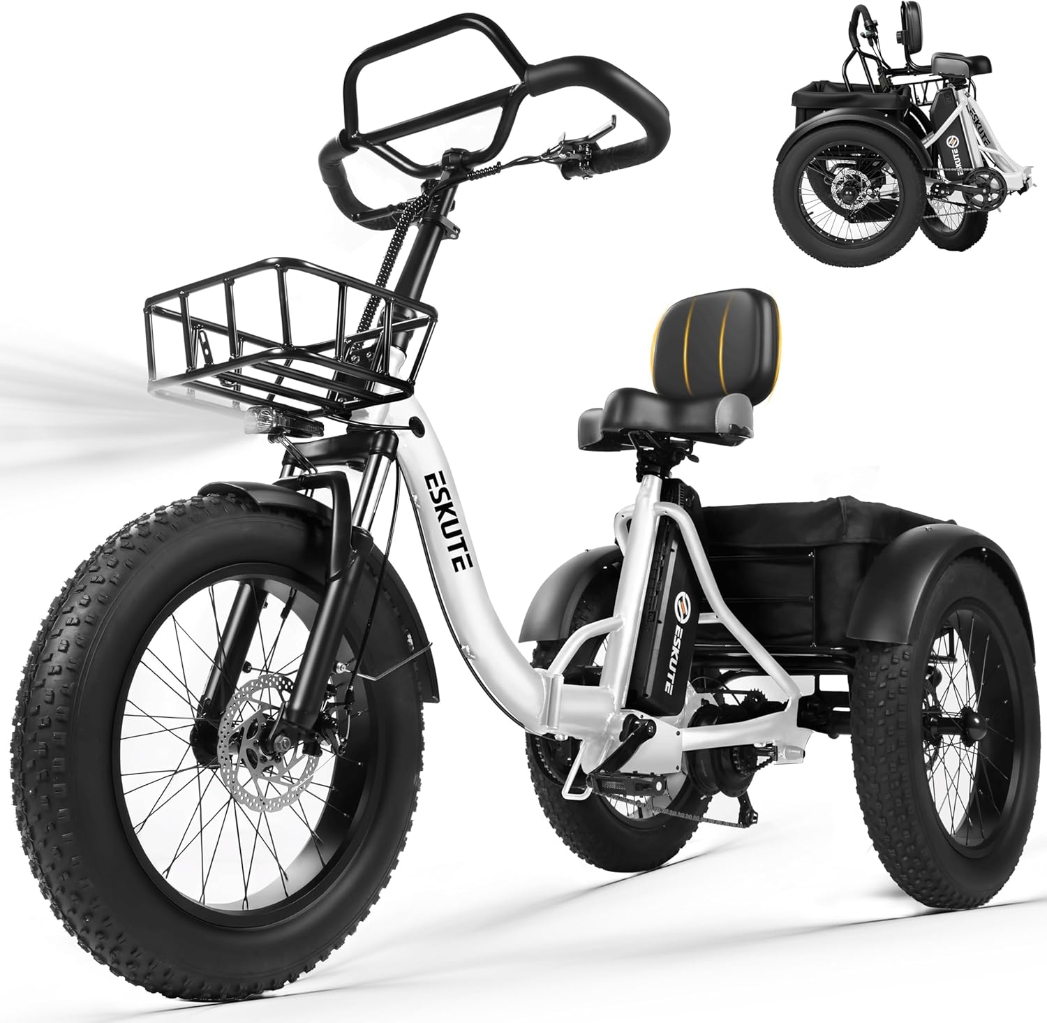 ESKUTE T300 Pro Electric Trike for Adults, 998.4Wh Long-Range Battery, 1200W Peak Motor, 20"x4.0" Fat Tires, Foldable 3-Wheel Butterfly Handlebar E-Bike with Storage Bags, Gifts for Parent