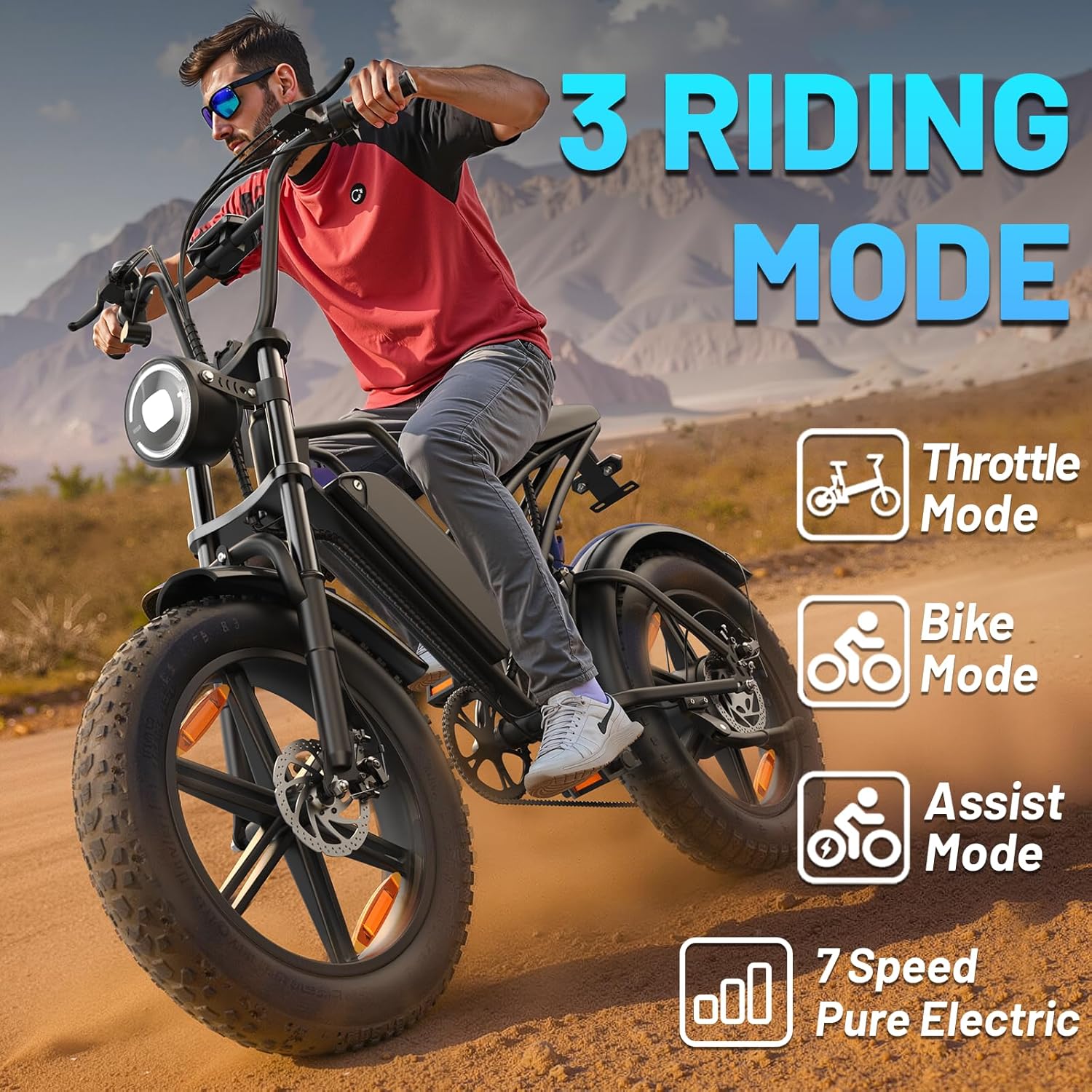 E500 Electric Bike for Adults 1000W Peak Motor, 20" Fat Tire Electric Bicycles with 40 Miles PAS Range, 48V Removable Battery, 7 Speed E-Bike for Mountains, Sand, Road, Beach, Snow