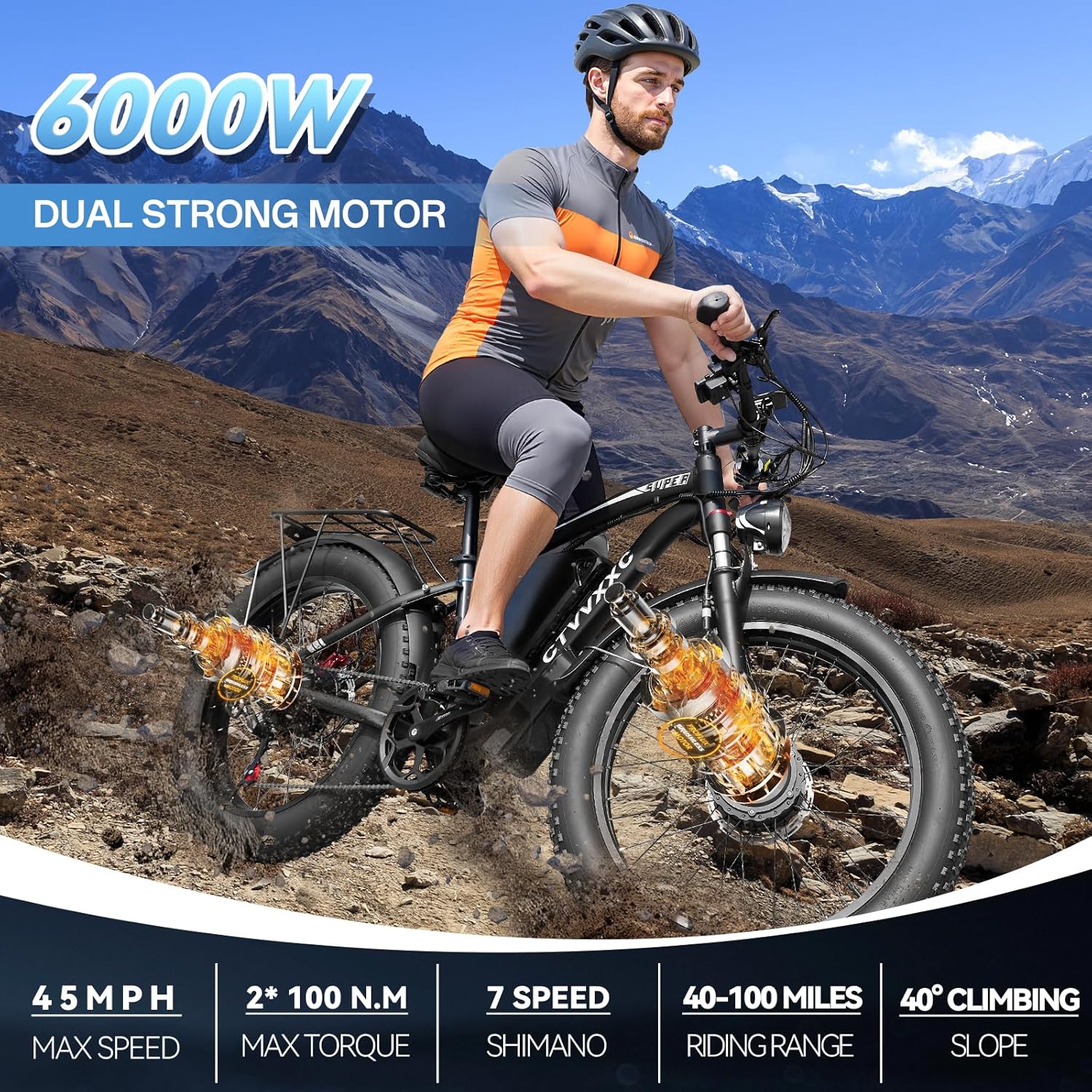 6000W Peak Dual Motor Ebike for Adults - 52V 34Ah Fast Electric Bike for Men Women 45 MPH,Up to 100 Miles,24" Fat Tire Lockable Suspension Electric Bicycle for Snow Off-Road Commuter Mountain E-Bike