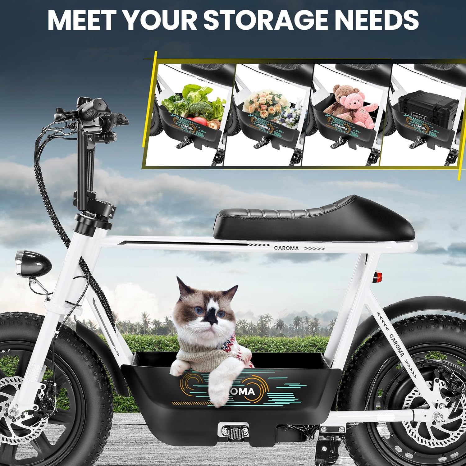 Caroma Peak 800W/1200W Electric Scooter with Seat,16 * 3" Fat Tire Ebike for All-Terrain,Max 25/30 Miles & 20MPH Electric Moped,Electric Motorcycle for Adults with Storage Basket for Cargo&Commuting