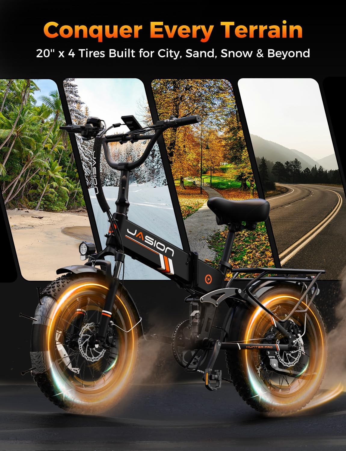 Jasion Hunter Pro Electric Bike for Adults, 1800W Peak Motor 80 Miles, up to 30+MPH,720WH Removable Battery Foldable Ebike,App Control & Full Suspension,20''*4.0 Fat Tire,Dual Hydraulic Brakes Bicycle