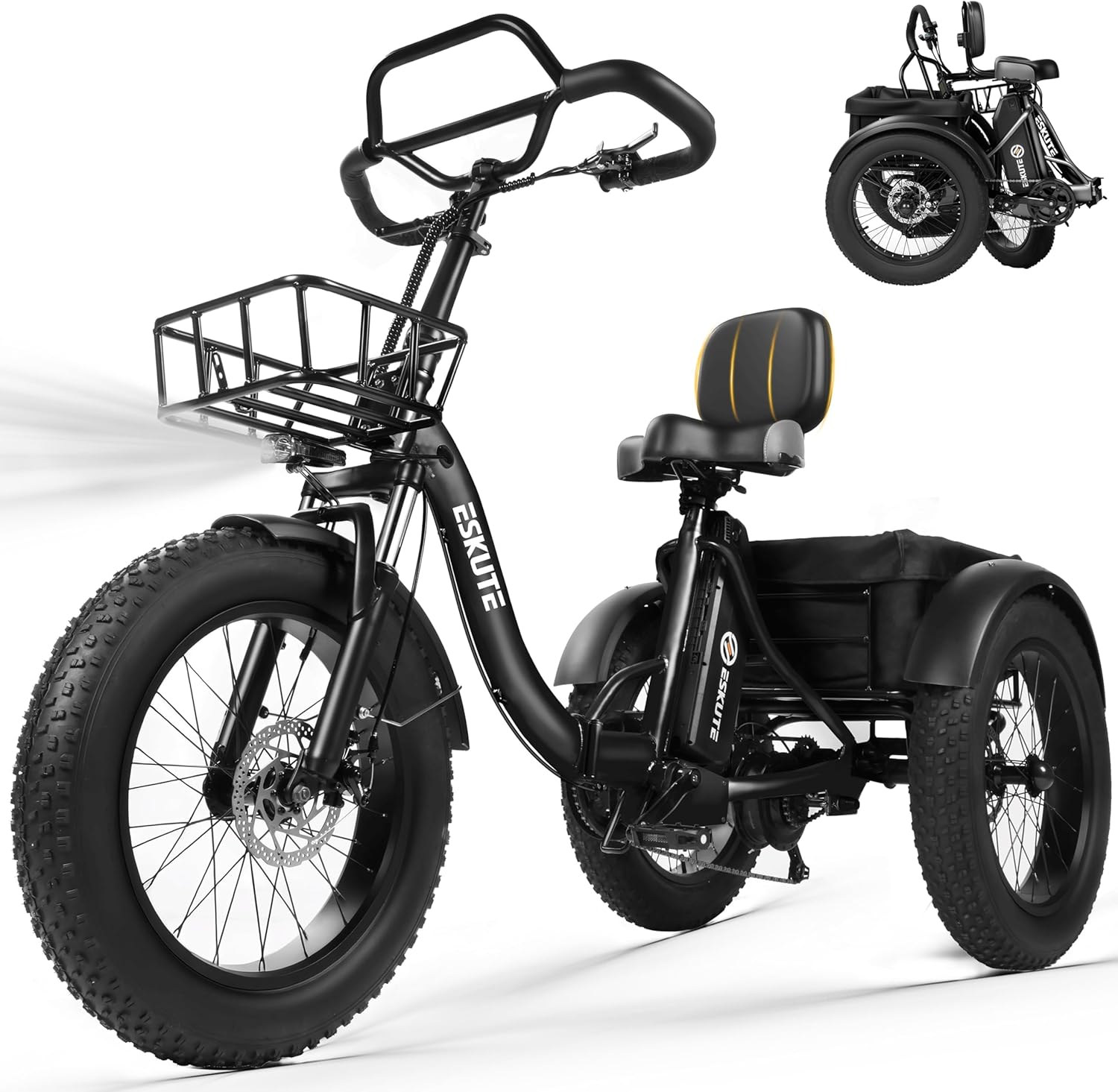 ESKUTE T300 Pro Electric Trike for Adults, 998.4Wh Long-Range Battery, 1200W Peak Motor, 20"x4.0" Fat Tires, Foldable 3-Wheel Butterfly Handlebar E-Bike with Storage Bags, Gifts for Parent