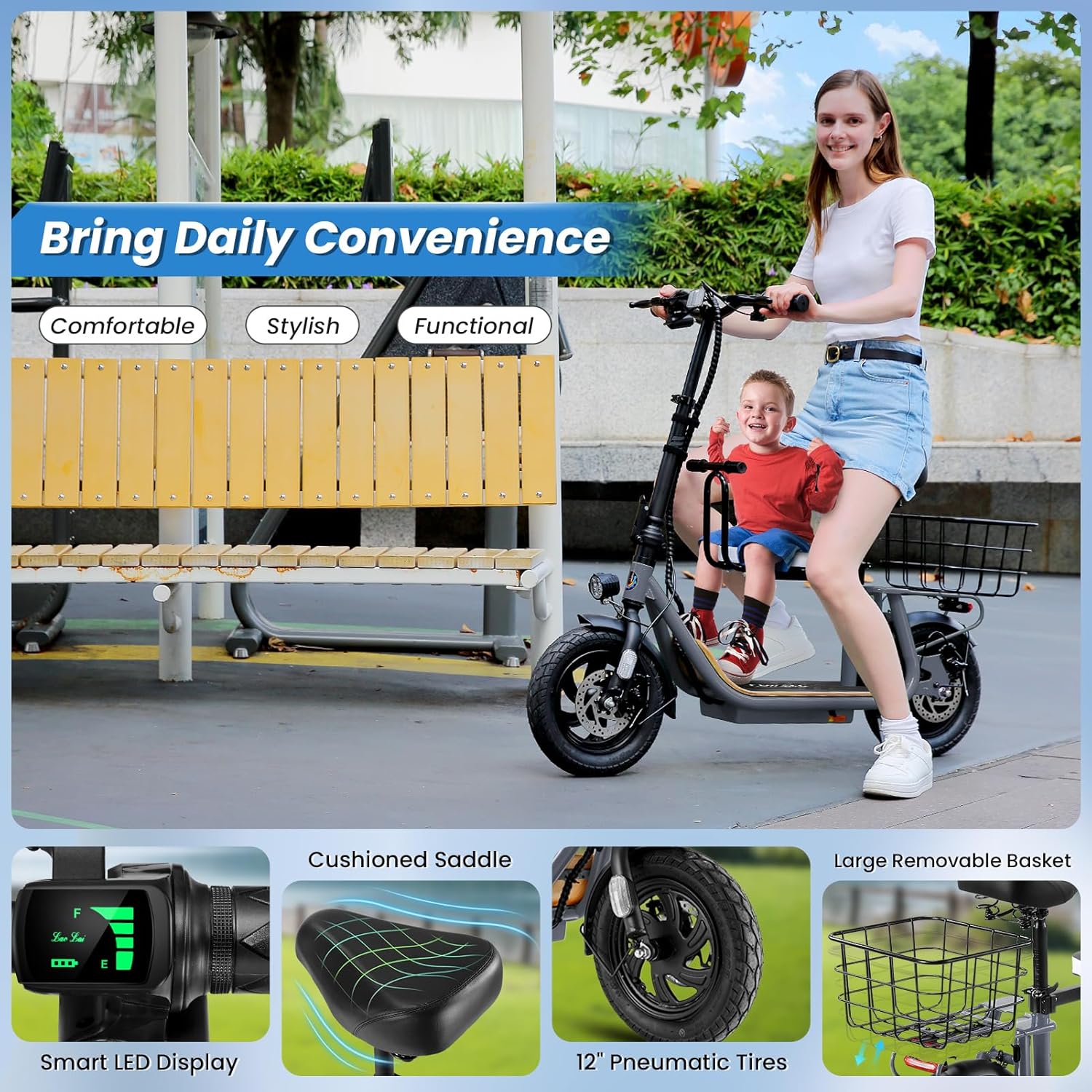 Caroma Peak 1200W/800W Electric Scooter with Seat, 30 Miles Max Range, Key Start Electric Scooter Adults&Teens, Up to 20MPH Foldable Ebike, Adjustable E-Bike with Basket&Kid Seat, Commuter Escooter