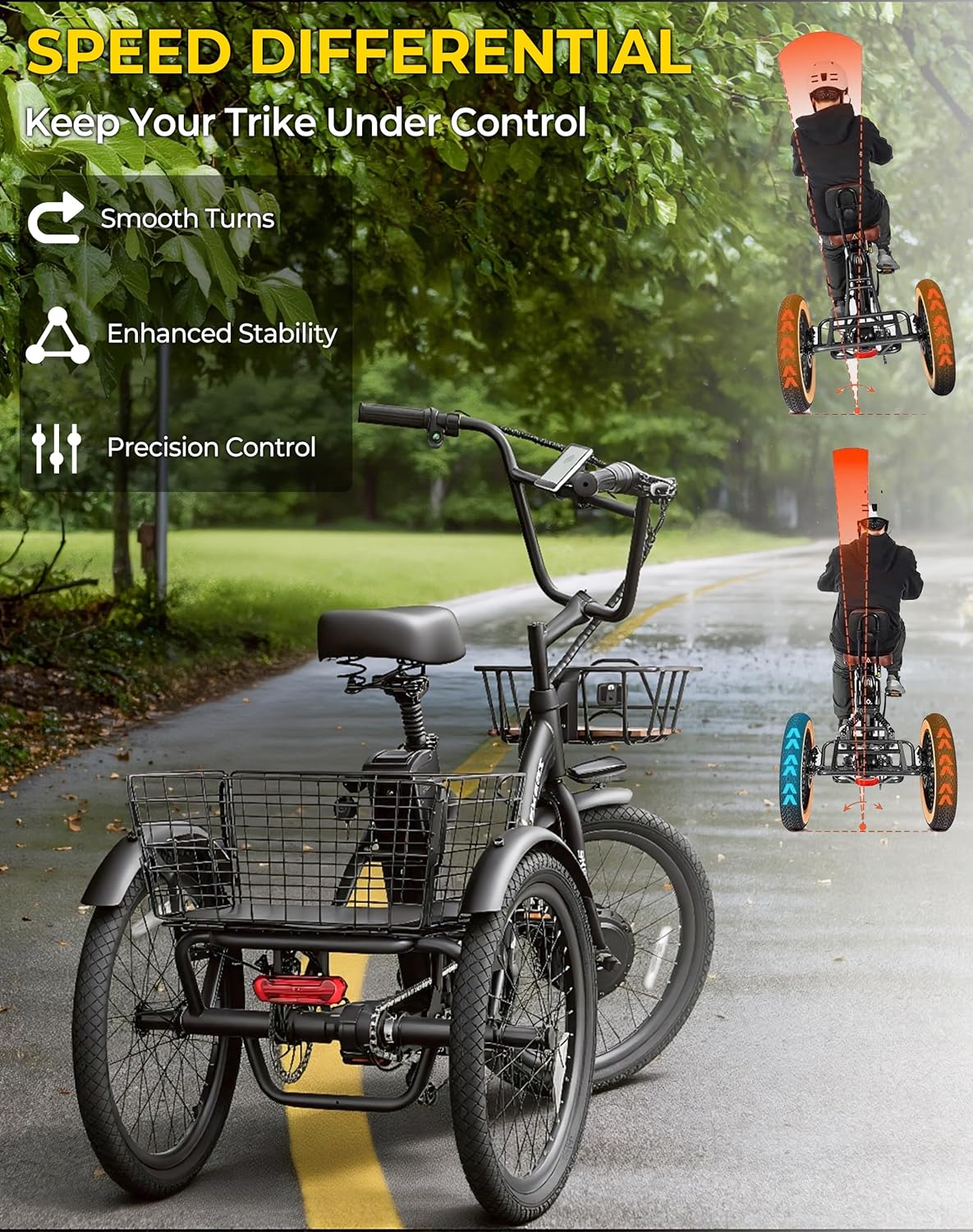 Skeri Electric Trike, 500W(Peak 1000W) Electric Tricycle for Adults, 20" Folding 3-Wheel Electric Bicycle, Step-Thru E Trike with 624WH Removable Battery and Large Basket, Black