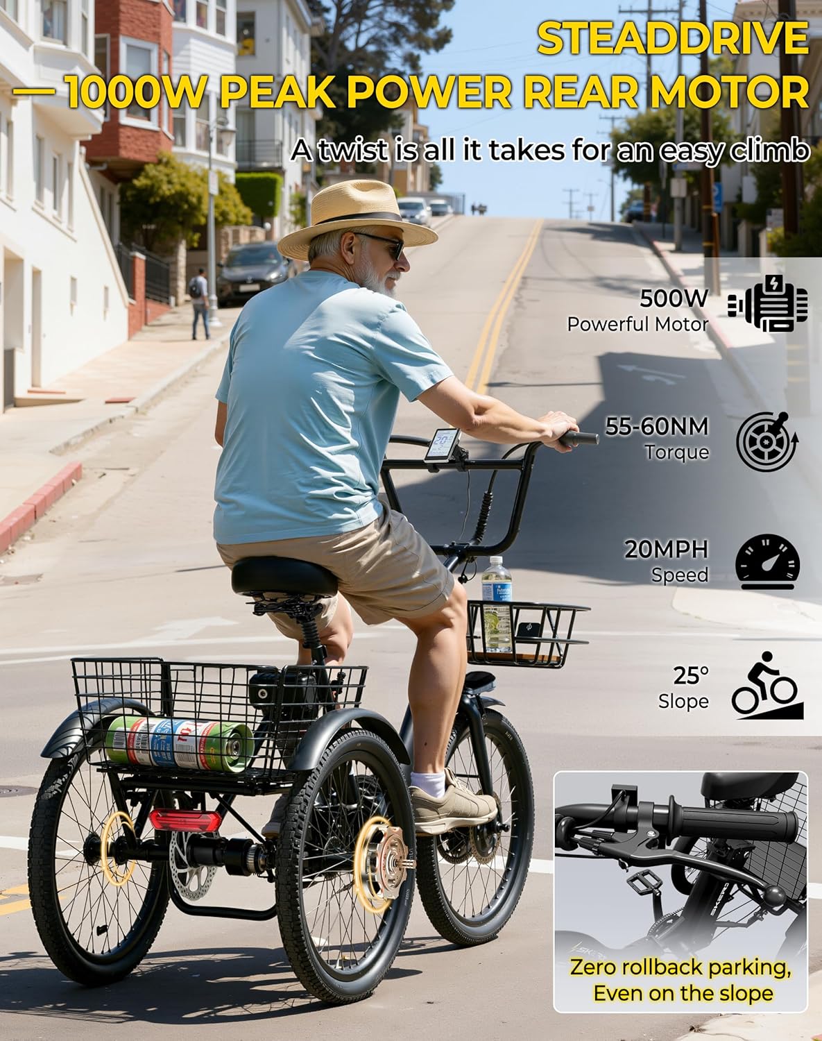 Skeri Electric Trike, 500W(Peak 1000W) Electric Tricycle for Adults, 20" Folding 3-Wheel Electric Bicycle, Step-Thru E Trike with 624WH Removable Battery and Large Basket, Black