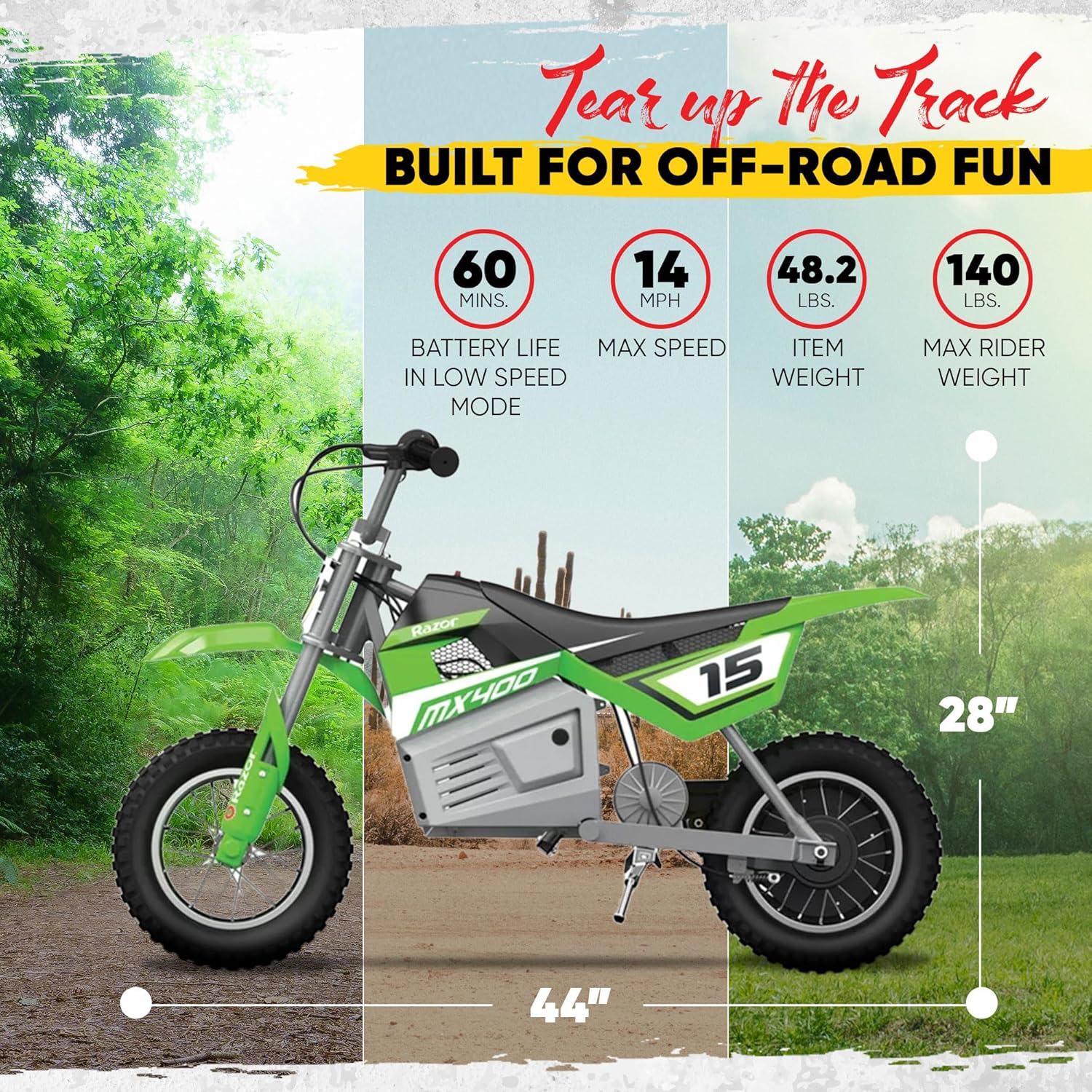 Razor MX400 Dirt Rocket Electric Bike for Kids Ages 8+, 140 Pounds Max Weight, Green – 24-Volt Battery, up to 14 Mph, 30-Minute High Speed Ride Time, Twist-Grip Throttle, 12-Inch Pneumatic Tires